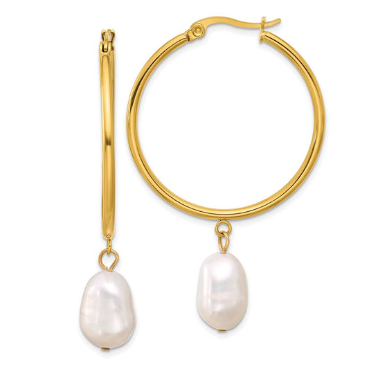 Chisel Stainless Steel Polished Yellow IP-plated White Baroque Freshwater Cultured Pearl Dangle Hoop Earrings