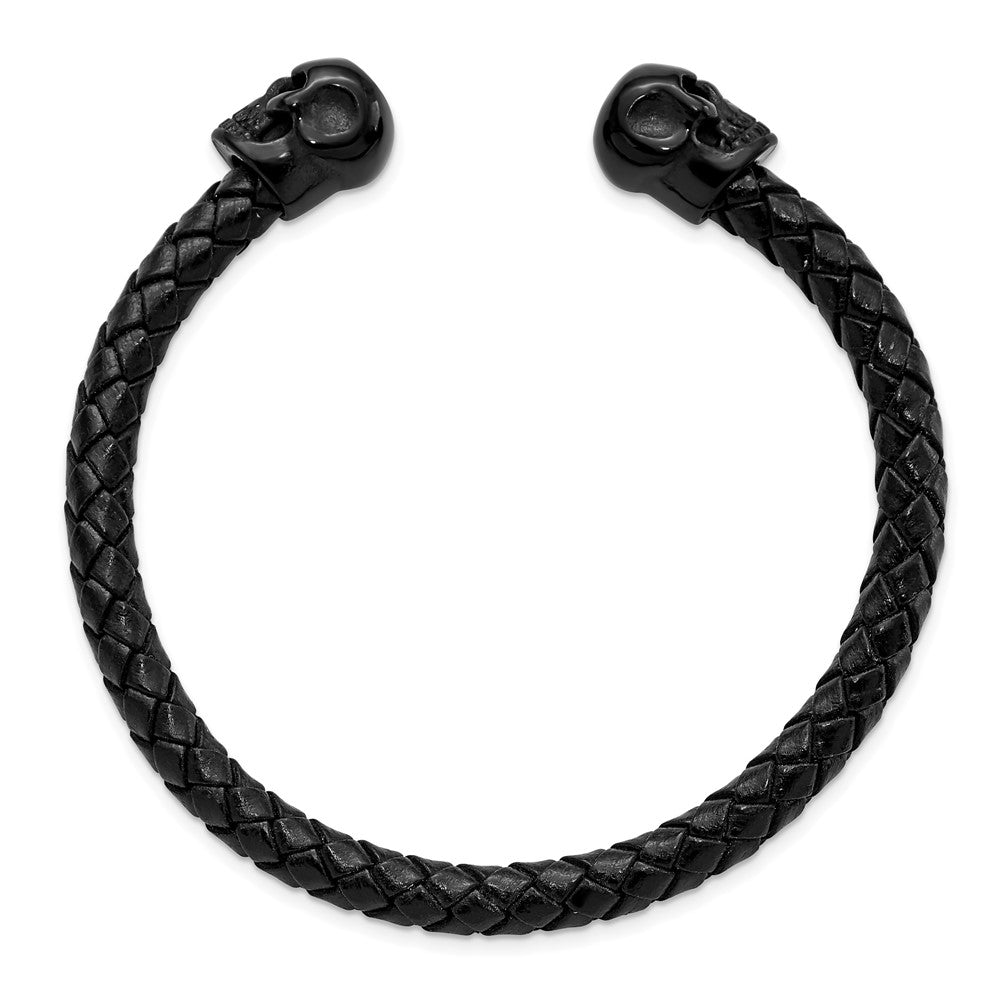 Stainless Steel Polished Black IP-plated Crystal Skull Leather Cuff Bangle