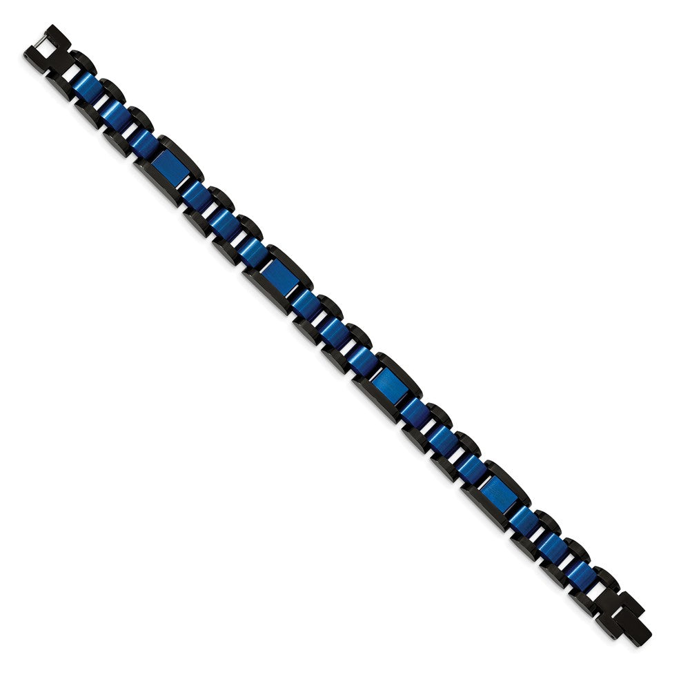Stainless Steel Brushed & Polished Black & Blue IP-plated 8.75in Bracelet 8.75 inches