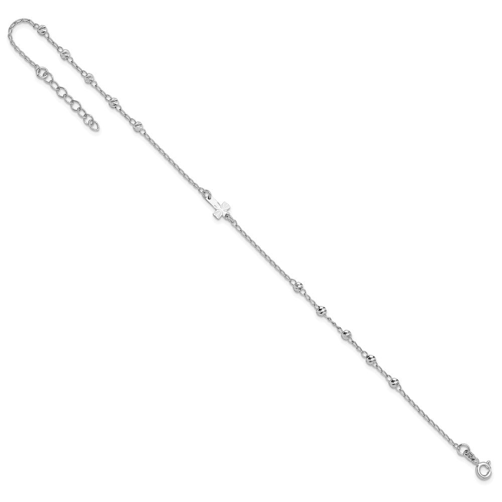 Sterling Silver Rhod-plated Diamond-cut Beads 9in Plus 1in Ext. Cross Ankle 9 inches