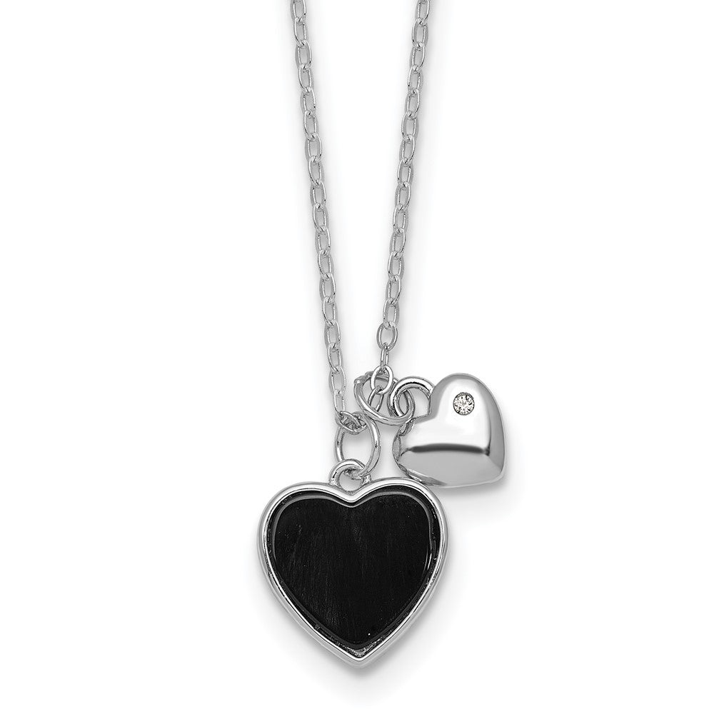 Sterling Silver Rhodium-plated Polished Onyx and CZ Hearts 14 Inch with 3 Inch Extension Children's Necklace 14 Inches