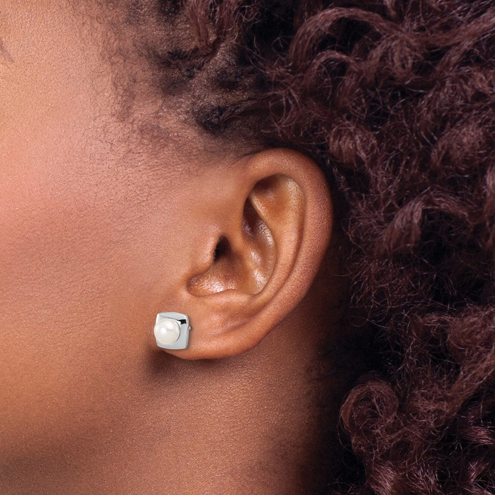 Sterling Silver Rhodium-plated 6-7mm White Button Freshwater Cultured Pearl Square Post Earrings