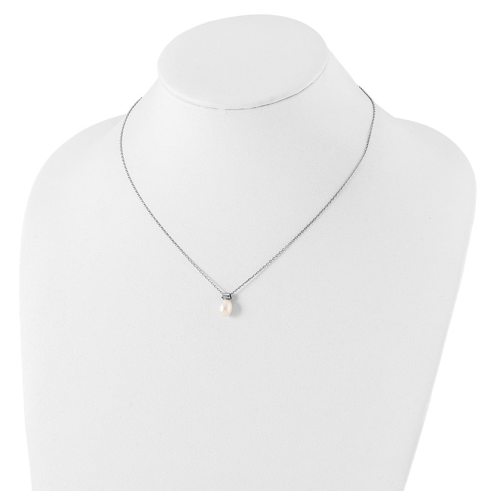 Sterling Silver Rhodium-plated 7-7.5mm White Rice Freshwater Cultured Pearl 16 inch with 1.5 inch Extension Necklace 16 Inches
