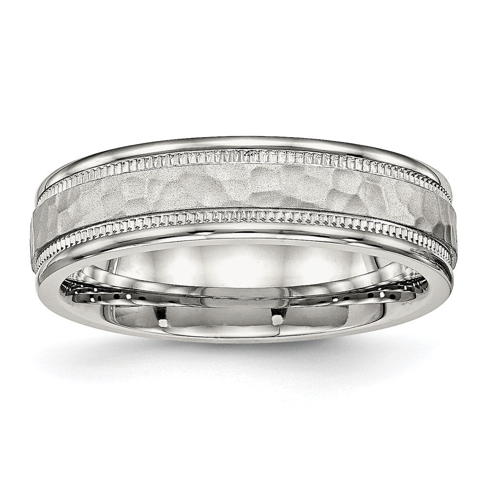 Stainless Steel Polished and Hammered 6mm Grooved Band Size - 9.5