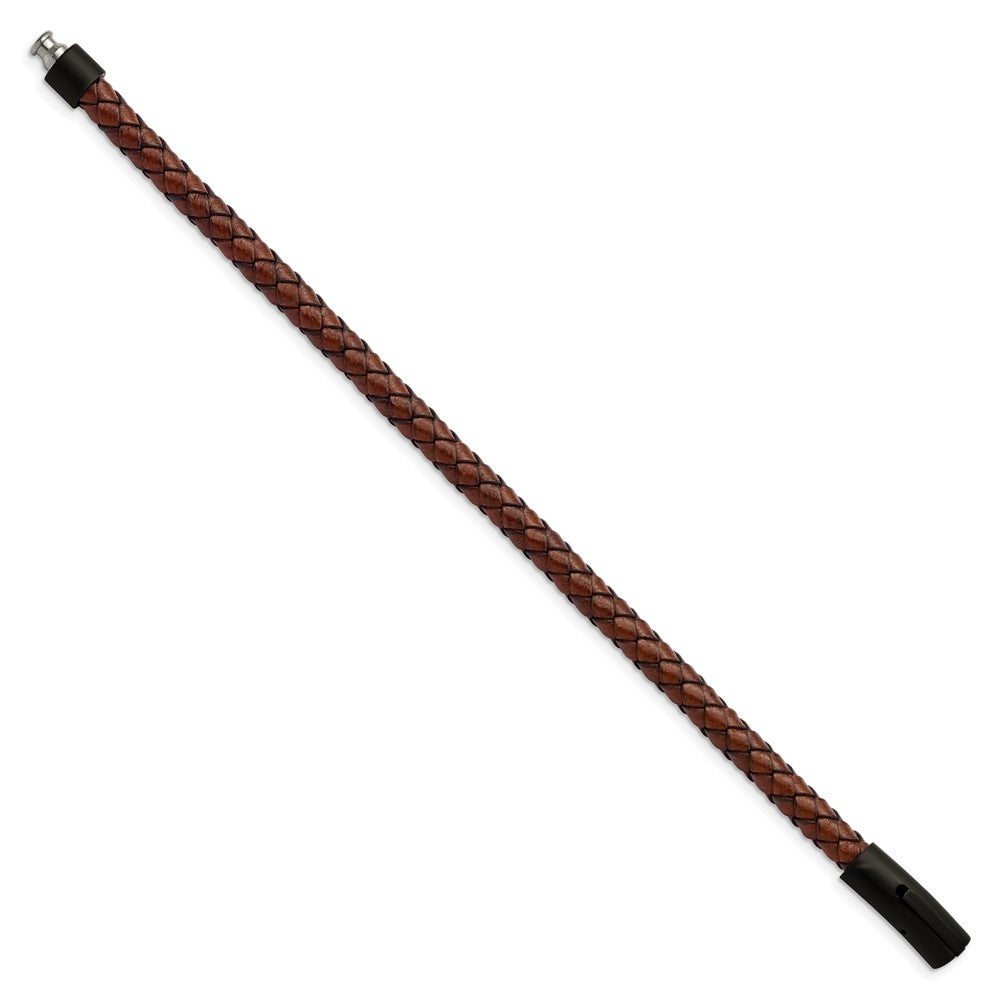 Stainless Steel Brushed Black IP-plated Brown Leather 8.25in Bracelet 8.25 inches