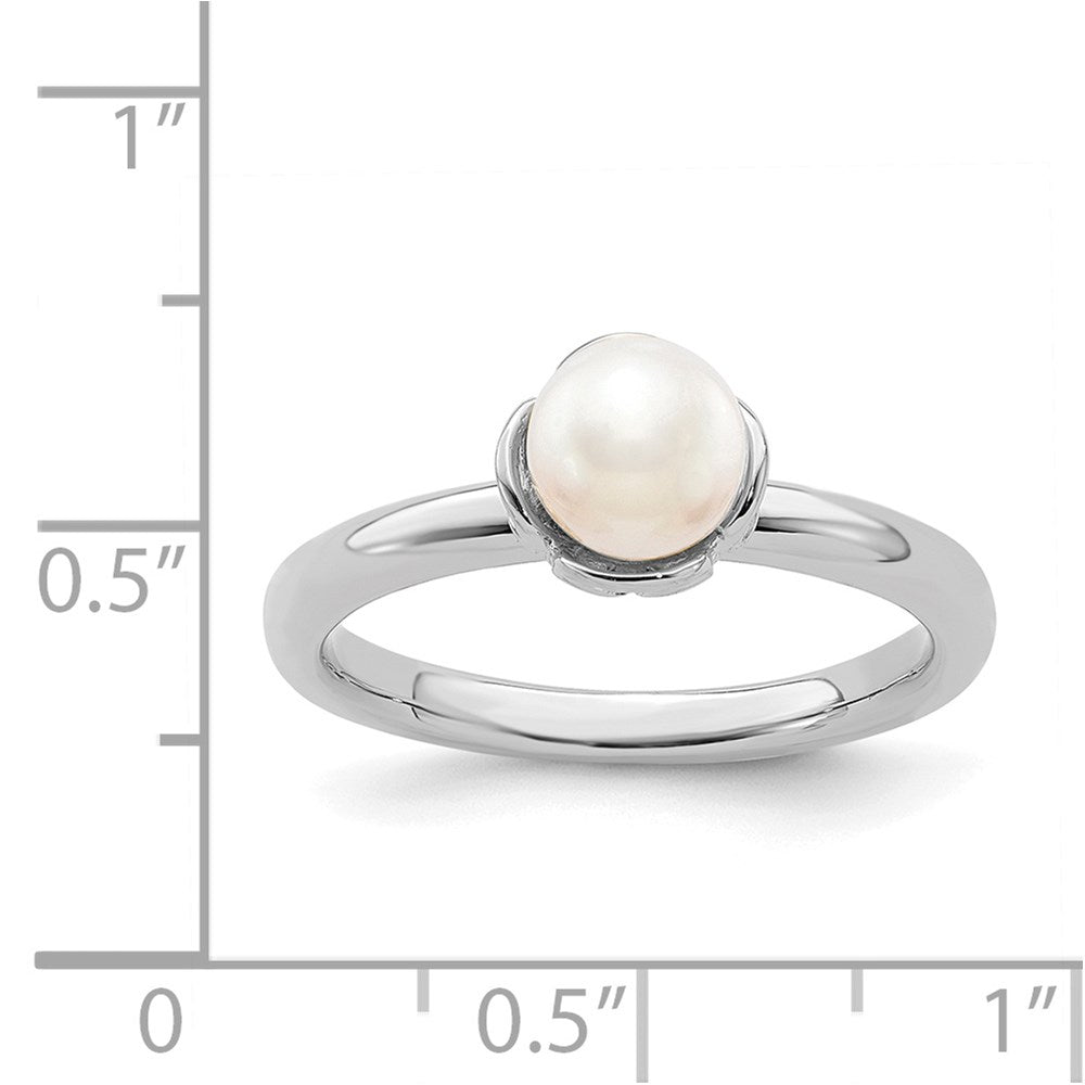 Sterling Silver Stack Exp. Polished White FW Cultured Pearl Ring Size -7