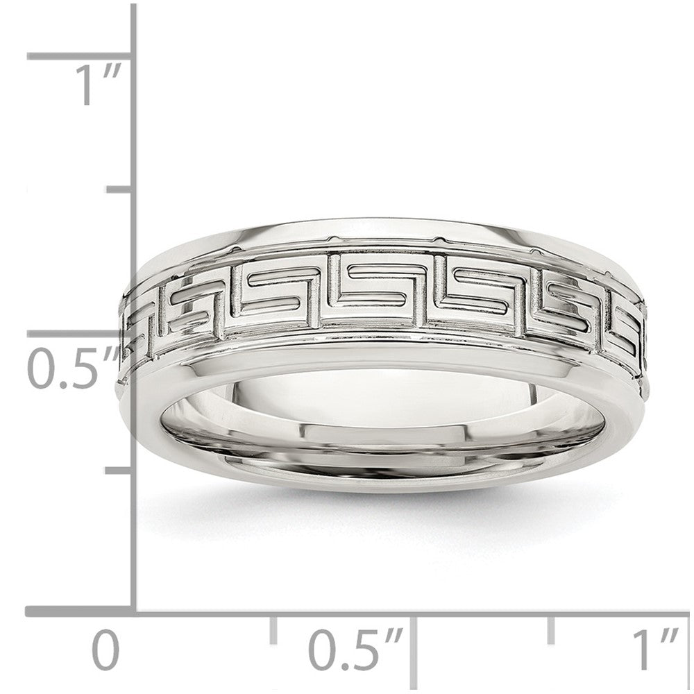 Sterling Silver 6mm Polished Flat Greek Key Design Beveled Edge Fancy Band Size 7