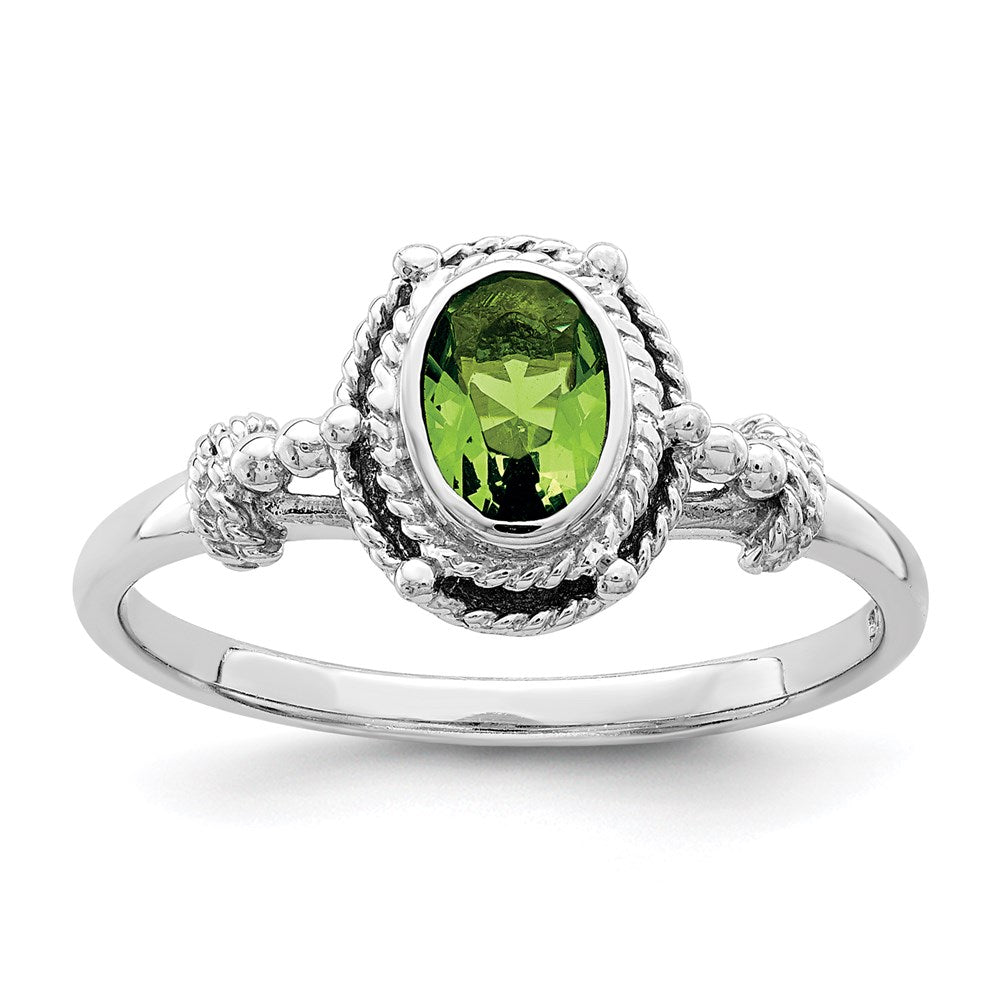 Sterling Silver Rhodium-plated with Green Oval CZ Stone Ring