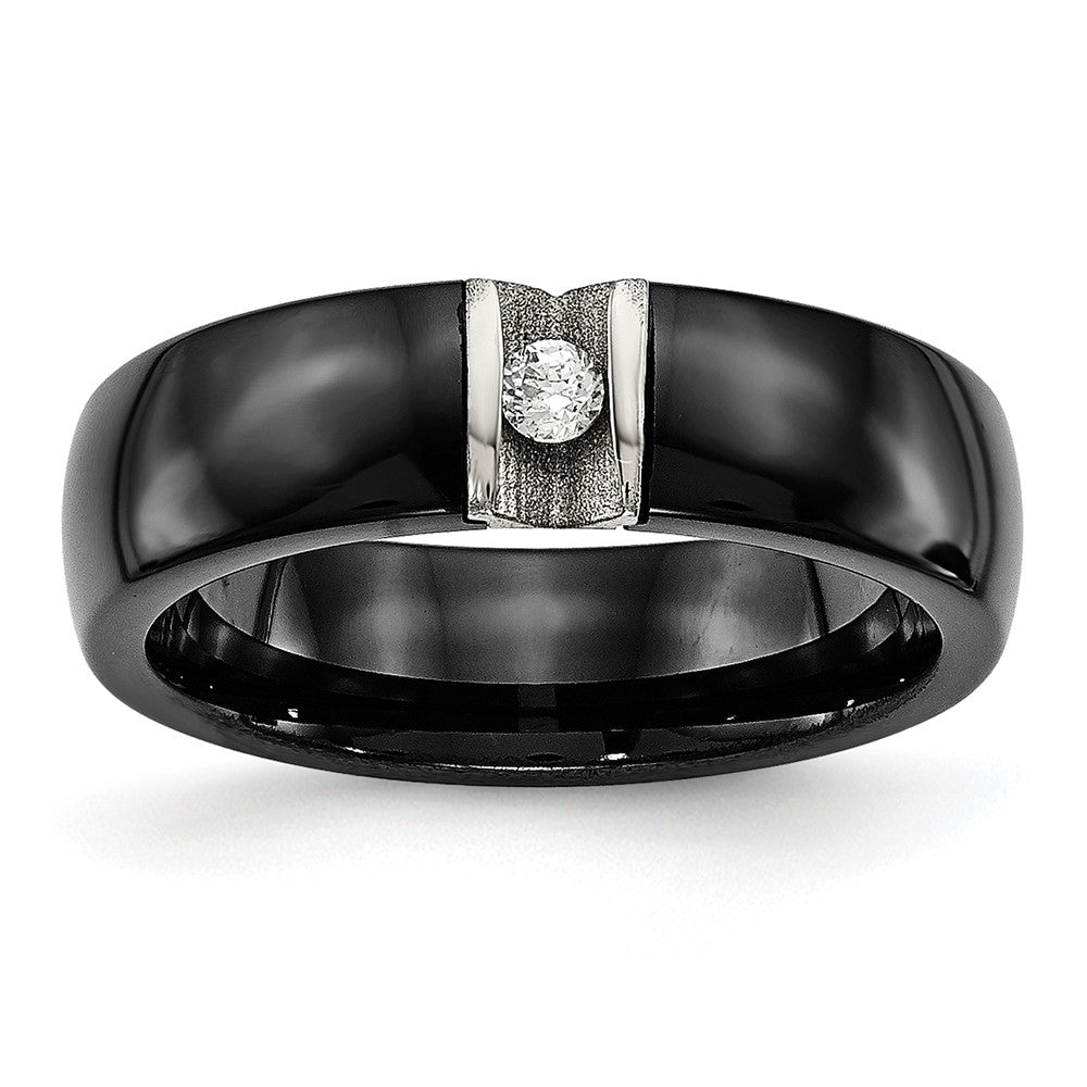 Stainless Steel Polished & Laser Cut Black Ceramic CZ Ring Size - 6