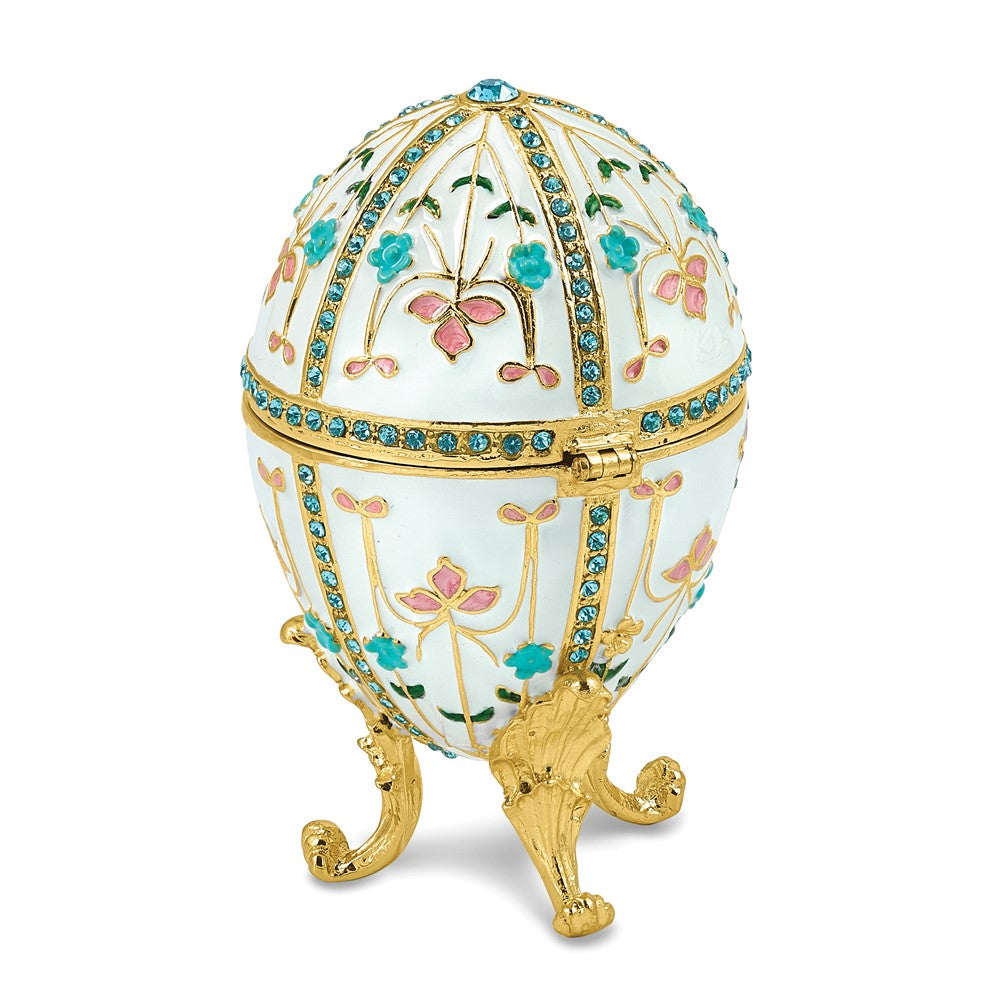 Luxury Giftware by Jere Bejeweled SPRING FLING White Floral Egg Trinket Box with Ring Insert and Matching 18 inch Necklace
