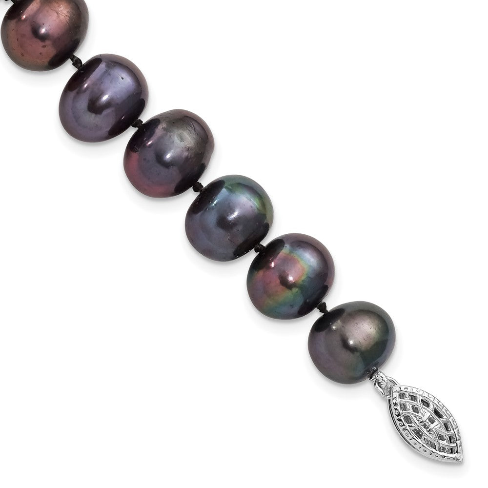 Sterling Silver Rhodium-plated 9-10mm Black Near-Round Freshwater Cultured Pearl 7.25 inch  Bracelet 7.25 inches