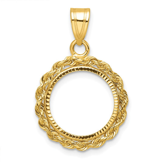 Wideband Distinguished Coin Jewelry 14k Diamond-cut with Rope 14.0mm Prong Coin Bezel Pendant