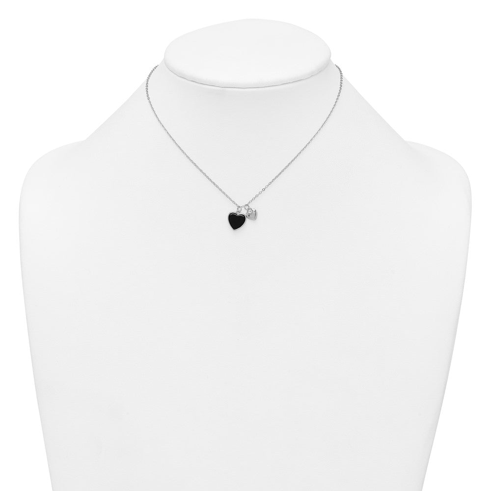 Sterling Silver Rhodium-plated Polished Onyx and CZ Hearts 14 Inch with 3 Inch Extension Children's Necklace 14 Inches