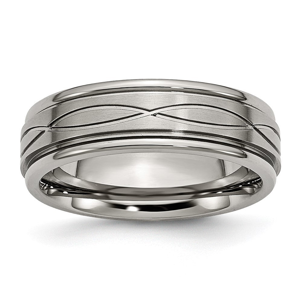 Titanium Brushed Center 7mm Criss-cross Design Ridged Edge Band Size - 10