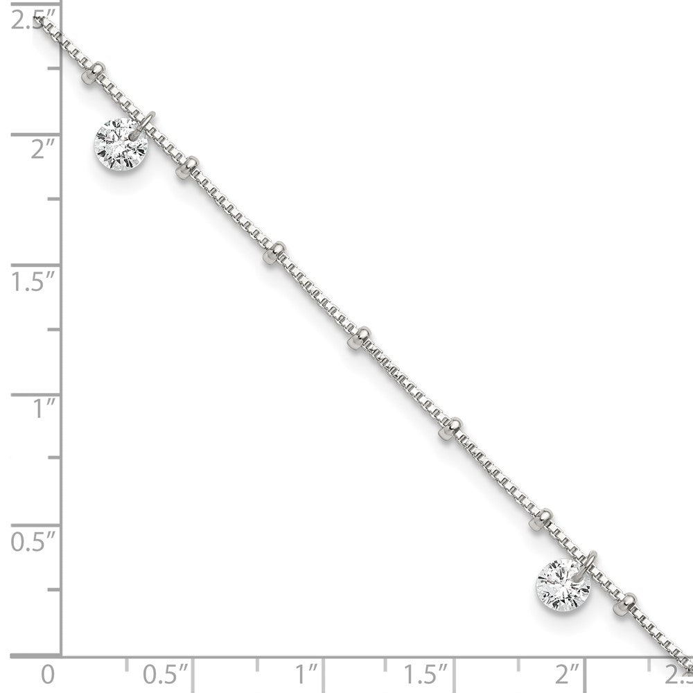 Sterling Silver Polished Beaded with White CZ Dangles 9 inch with 1 inch Extension Anklet