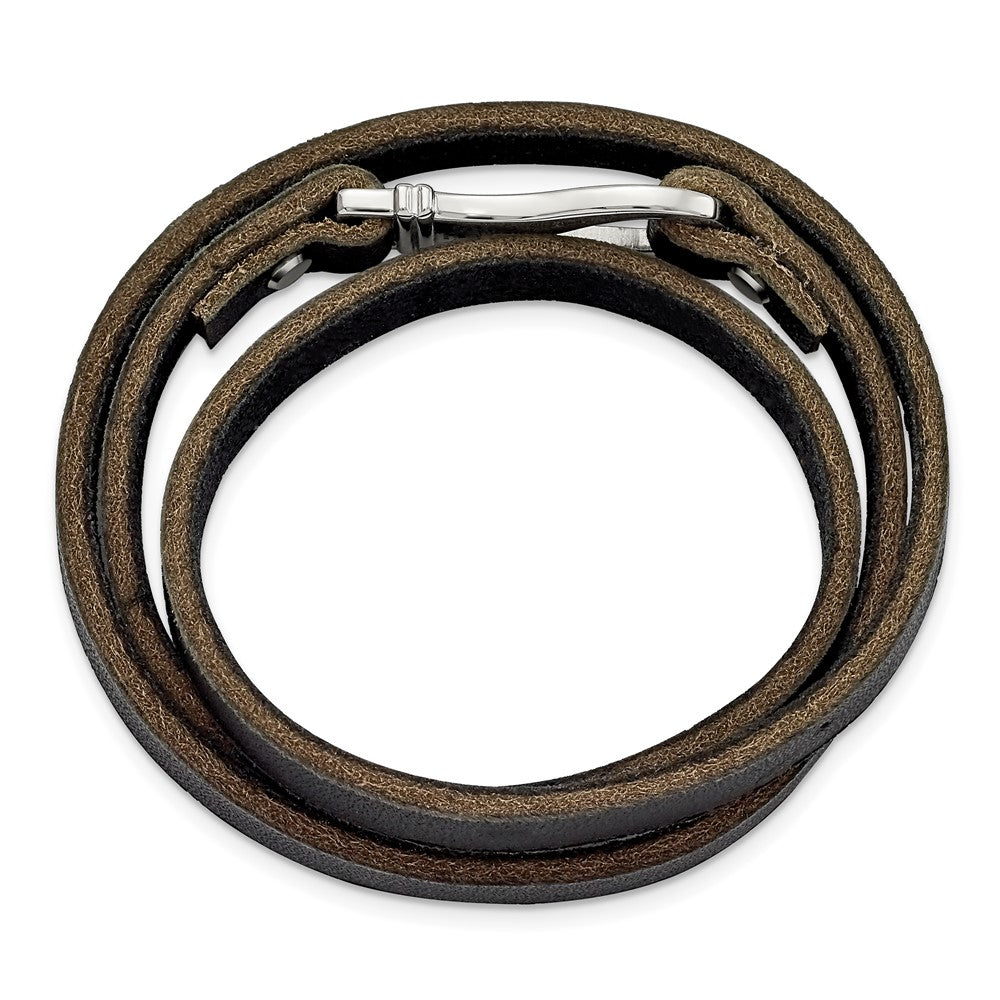 Stainless Steel Black and Brown Leather Wrap Bracelet 24 inches