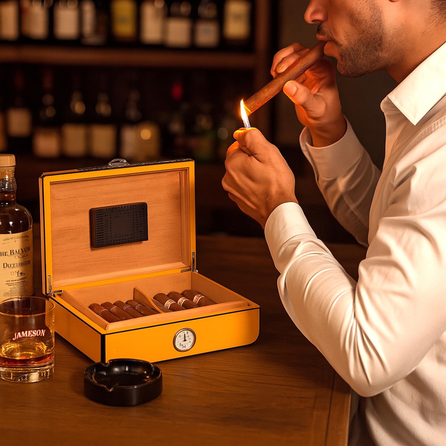 Bey-Berk Carbon Fiber and Yellow 25 Cigar Humidor