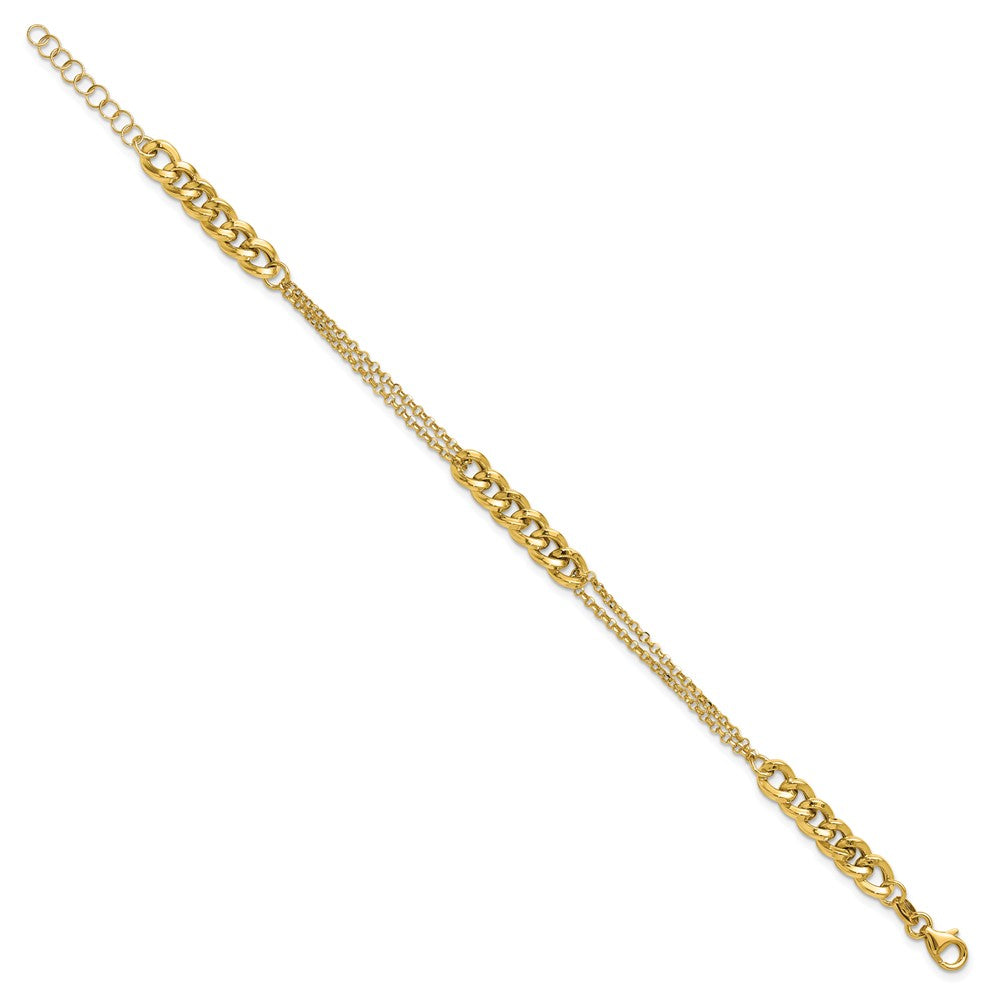 14K Polished/Dia-cut 2-Strand Fancy Link w/1in ext. Bracelet 8  inches