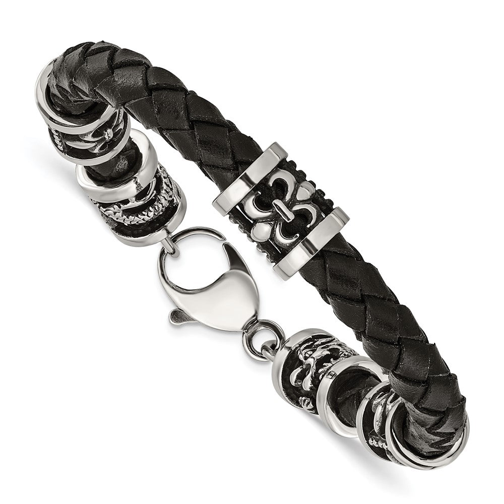 Stainless Steel Antiqued & Polished Fleur De Lis/Dragon Leather Bracelet 8.5 inches