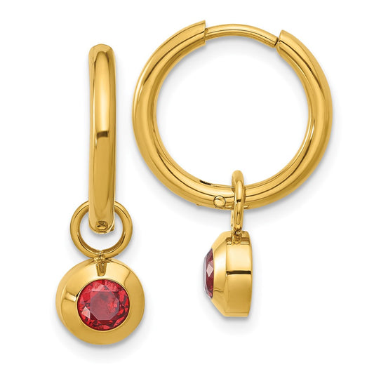 Chisel Stainless Steel Polished Yellow IP-plated with Removeable Red CZ Dangle Hinged Hoop Earrings