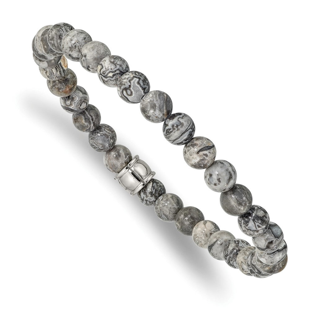 Stainless Steel Polished Grey Jasper Stretch Bracelet 7.25 inches
