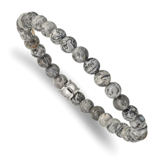 Stainless Steel Polished Grey Jasper Stretch Bracelet 7.25 inches