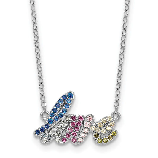 SS RH-pltd Polished Multicolor CZ LOVE 16in w/2in Ext Necklace 16 Inches