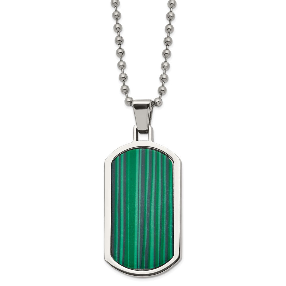 Stainless Steel Polished with Malachite Inlay 22in Dog Tag Necklace