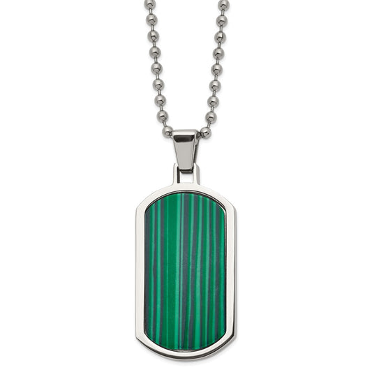 Stainless Steel Polished with Malachite Inlay 22in Dog Tag Necklace