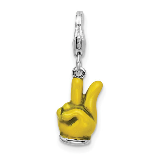 Amore La Vita Sterling Silver Rhodium-plated Polished 3-D Yellow Enameled Hand with Peace Sign Charm with Fancy Lobster Clasp