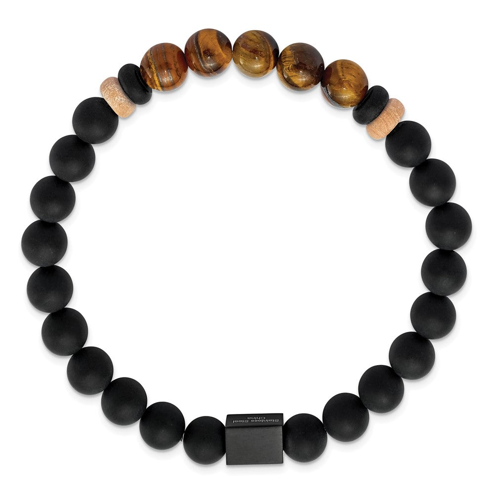 Stainless Steel Brushed Black IP Black Agate/Tiger's Eye Stretch Bracelet 7 inches