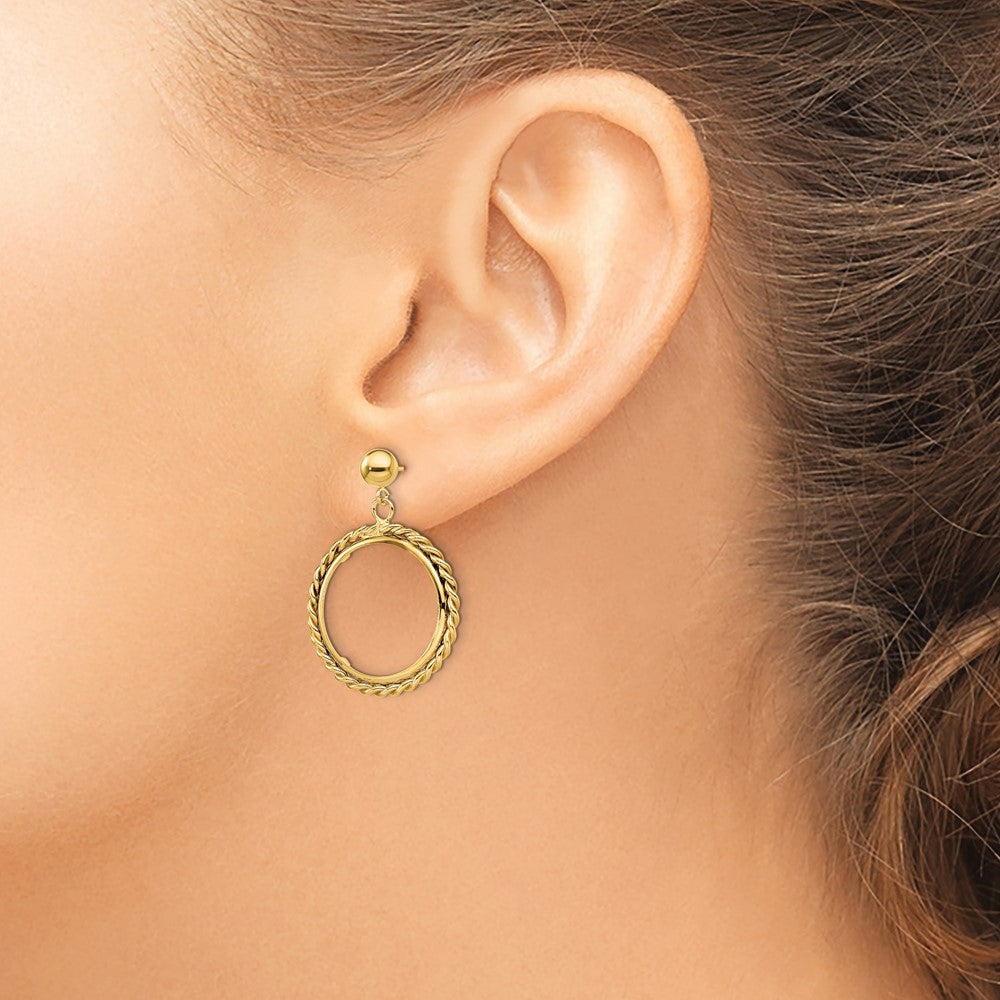 Wideband Distinguished Coin Jewelry 14k Polished Twisted Wire 17.8mm Prong Coin Bezel Post Dangle Earrings