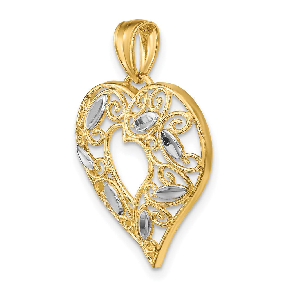 14k w/Rhodium Diamond-cut Filigree Heart Charm
