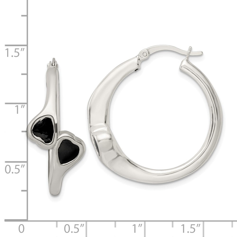 Sterling Silver Polished Black Enameled ByPass Circle Hoop Earrings