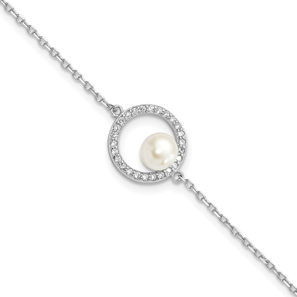Sterling Silver Rhodium-plated 6-7mm White Button Freshwater Cultured Pearl and CZ 6.5 inch  with 1.25 inch Extension Bracelet 7.75 inches