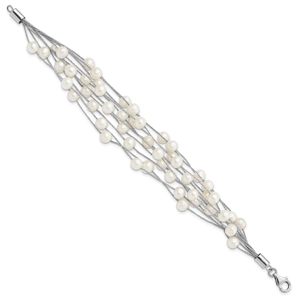 Sterling Silver Rhodium-plated 7-8mm White Semi-Round Freshwater Cultured Pearl Multi Strand 7.25 inch Bracelet 7.25 inches