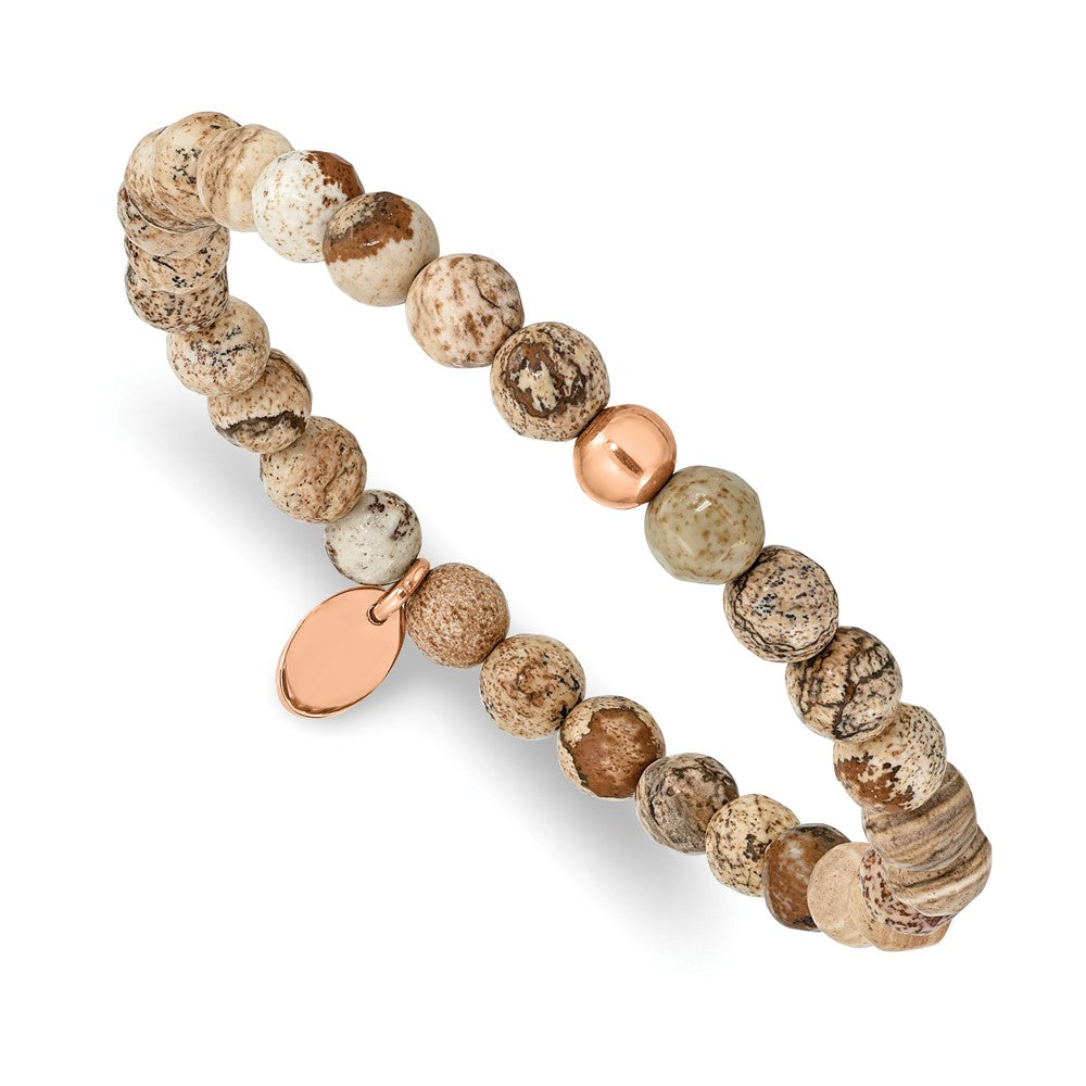 Stainless Steel Polished Rose IP-plated Brown Jasper Stretch Bracelet 6 inches