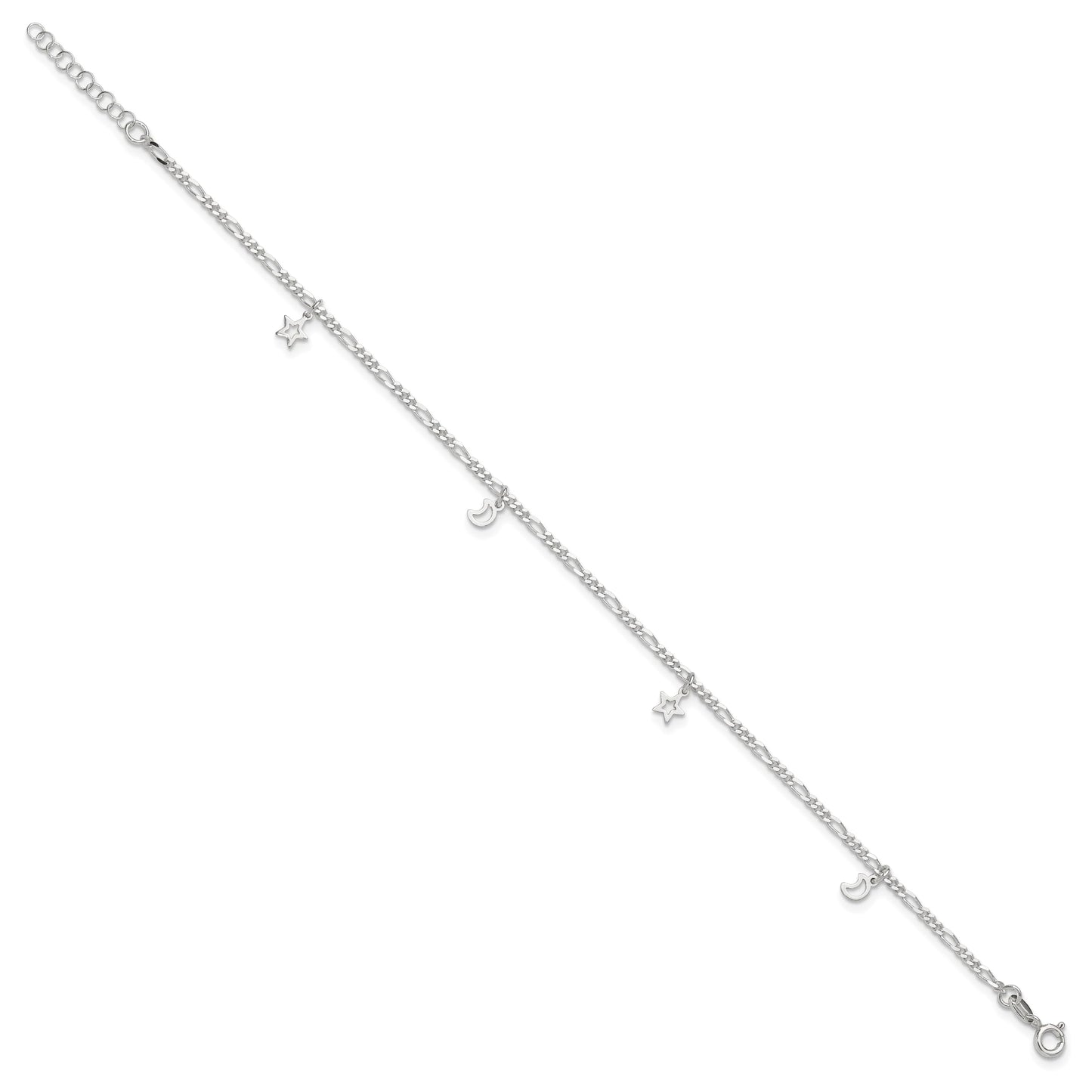 Sterling Silver Polished Star and Moon 9in Plus 1in Ext. Anklet 9 inches