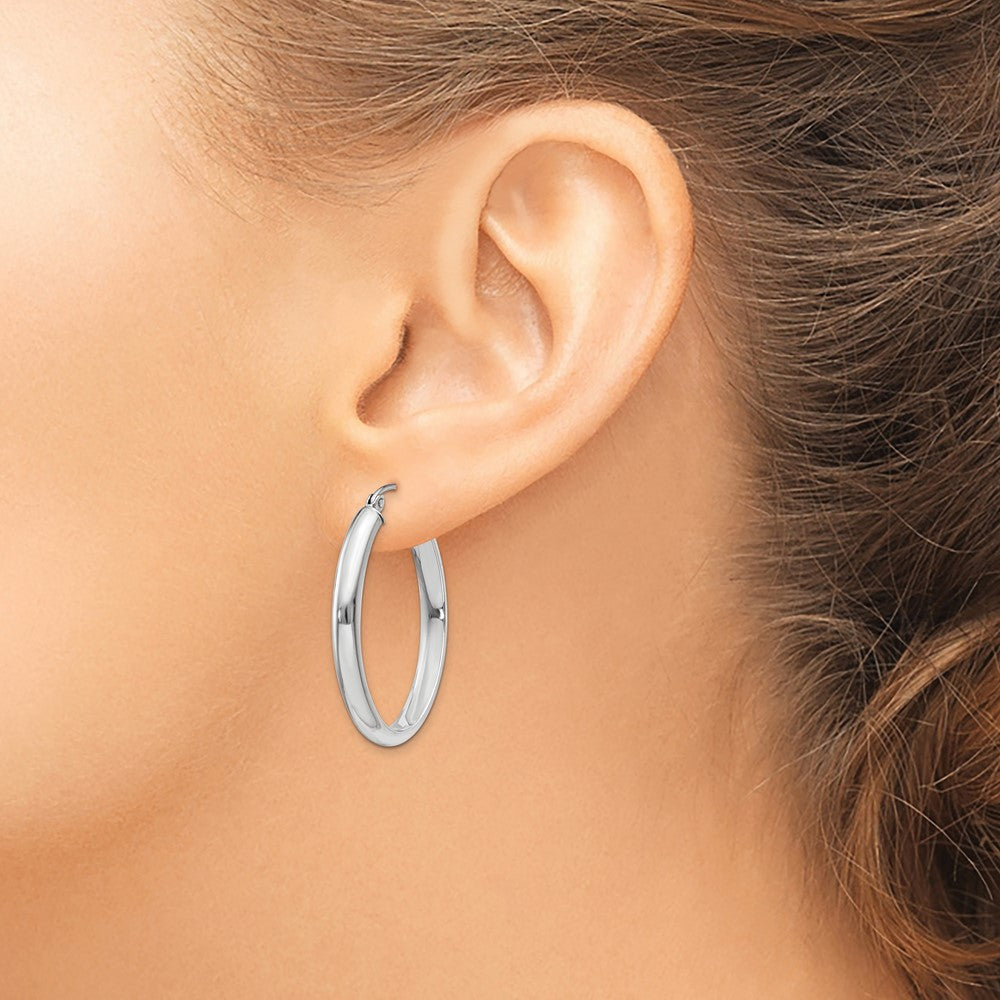 10k White Gold Polished 3.75mm Oval Tube Hoop Earrings
