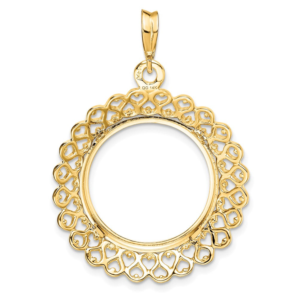 Wideband Distinguished Coin Jewelry 14k Polished Heart Filigree 18.0mm Prong Coin Bezel Pendant