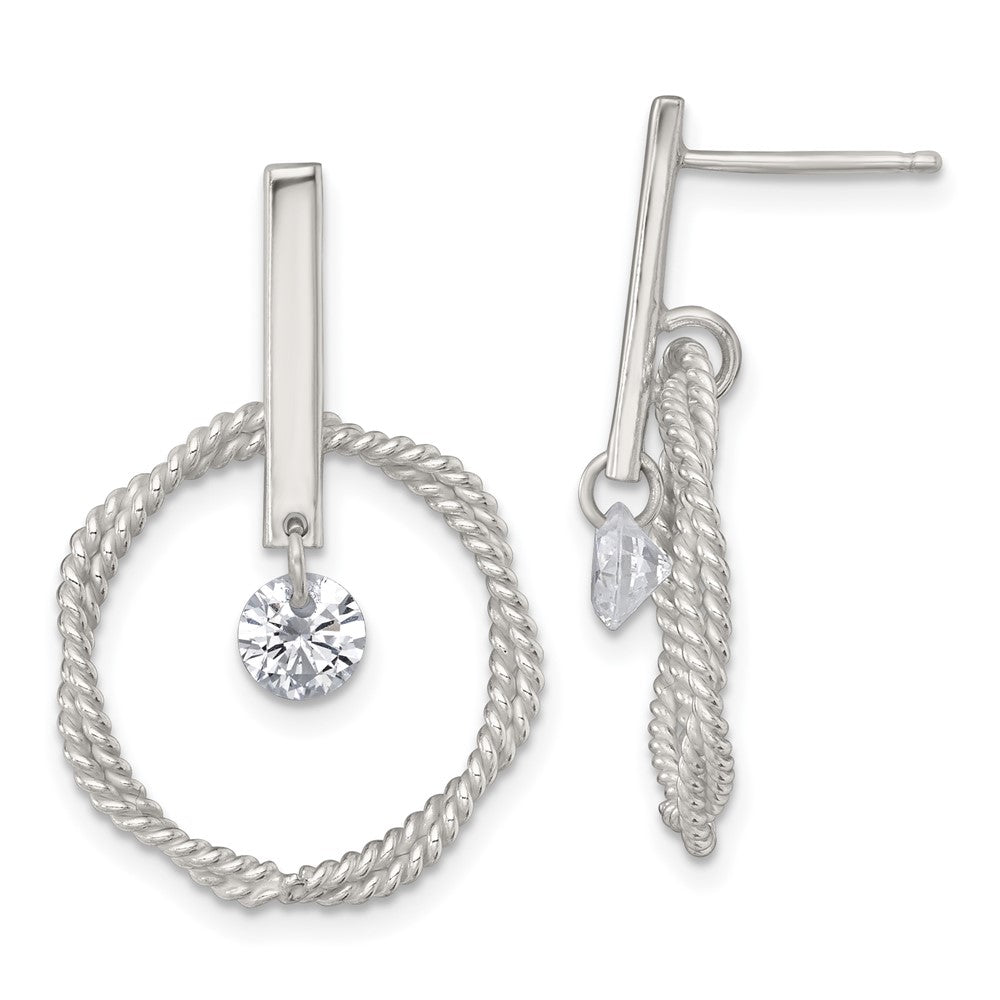 Sterling Silver Polished Twisted Circle with Moveable White CZ Dangle Post Earrings