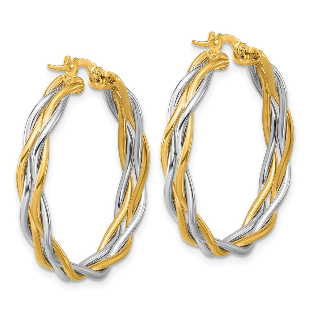 14K with Rhodium Polished Twisted Round Hoop Earrings