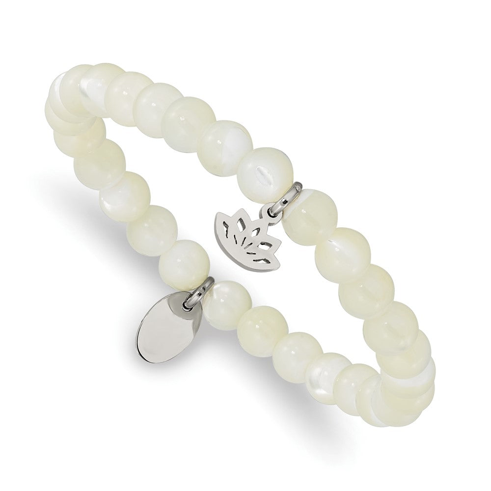 Stainless Steel Polished Lotus Mother of Pearl Beaded Stretch Bracelet 6.5 inches