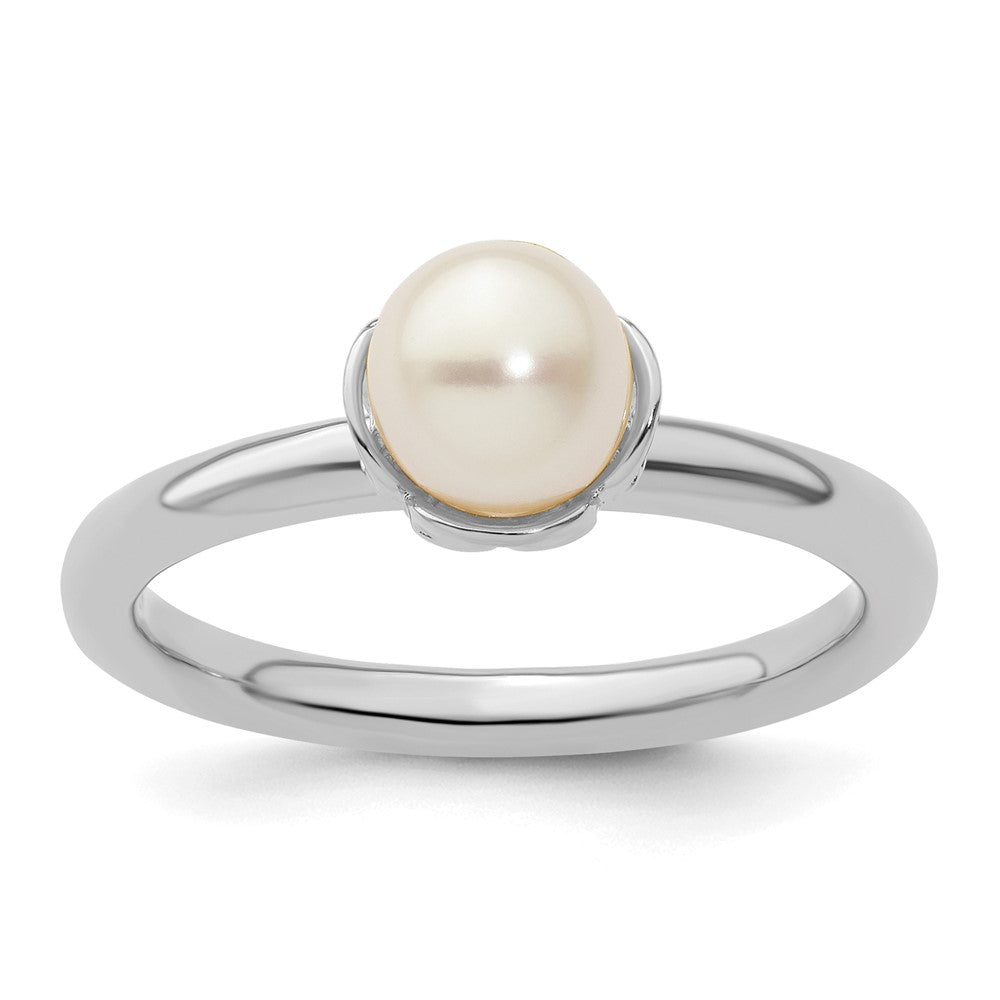 Sterling Silver Stack Exp. Polished White FW Cultured Pearl Ring Size -8
