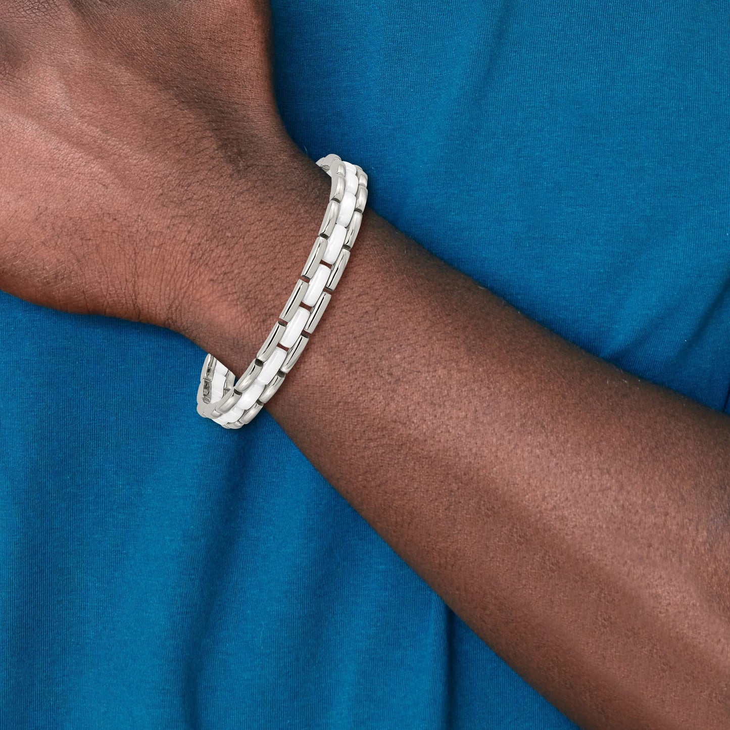 Stainless Steel Polished w/White Ceramic 8in Bracelet 8 inches