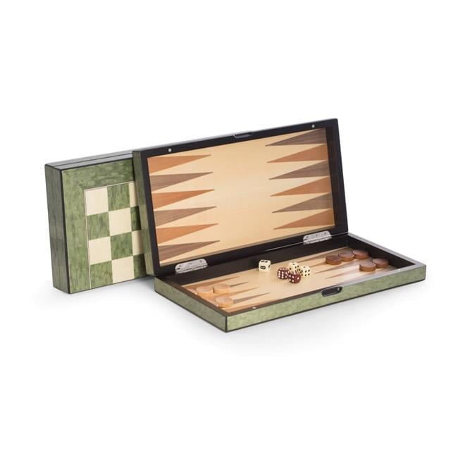 Bey-Berk International G553 15.5 in. Lacquer Finished Green Inlaid Wood Backgammon & Chess Set