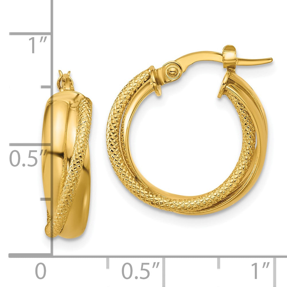 14K Polished and Textured Round Hoop Earrings