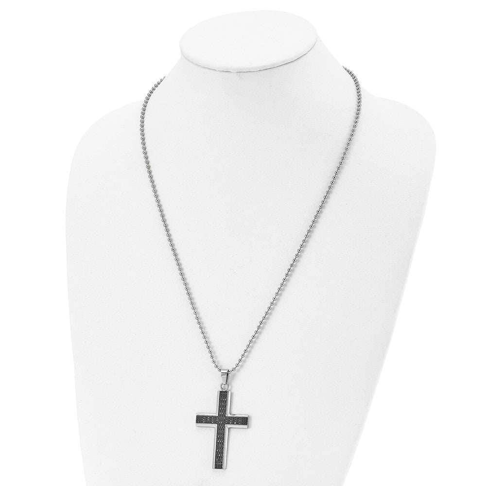 Stainless Steel Polished Black Rhodium Black Diamond Cross Necklace