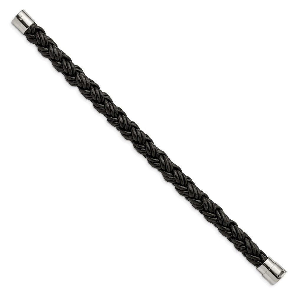 Stainless Steel Polished Black 8.5in Leather Bracelet 8.5 inches