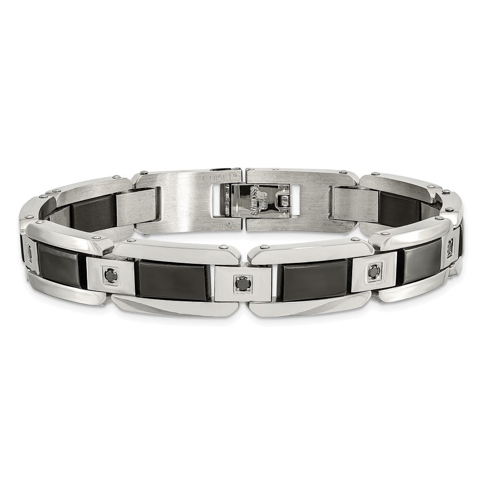 Stainless Steel Polished w/Black Enamel & Black Diamonds 8.75in Bracelet 8.75 inches